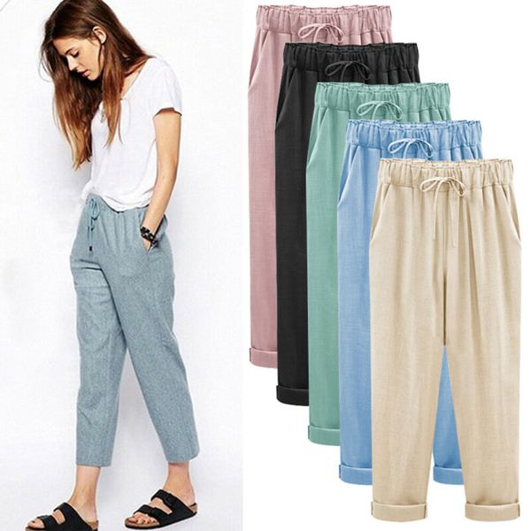 

plus size women casual linen harem pants loose baggy trousers solid color ankle-length pants office lady drawstring, Black;white