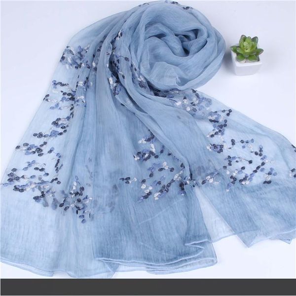 

180см*90см настоящий шелк маленький цветок вышивка шарф длинный шарф тонкий и мягкий, Blue;gray