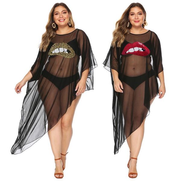 

plus size swimming cover ups women ethnic irregular beachwear tunics loose lip pattern cover-ups with bathing suit swimsuit 4xl, White;black