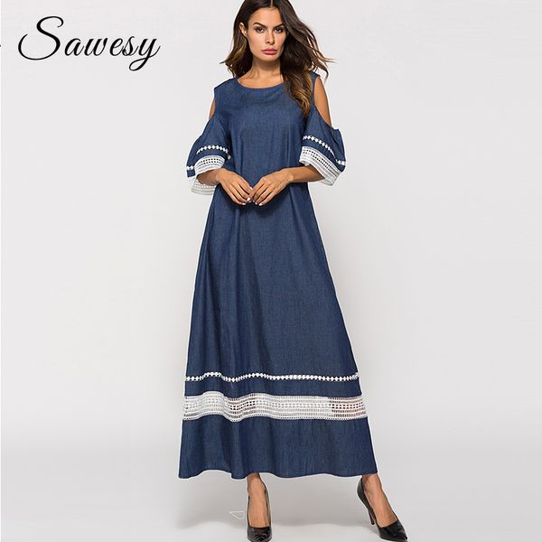 

Long Maxi Dresses Women Fashion 2018 New Cold Shoulder Patchwork Lace Loose Denim Dress Dating Casual Solid Women Dress Vestidos