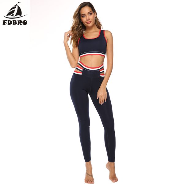 

fdbro new tracksuit women's high waist leggings seamless sports bra striped sportswear fitness vest breathable running set, White;red