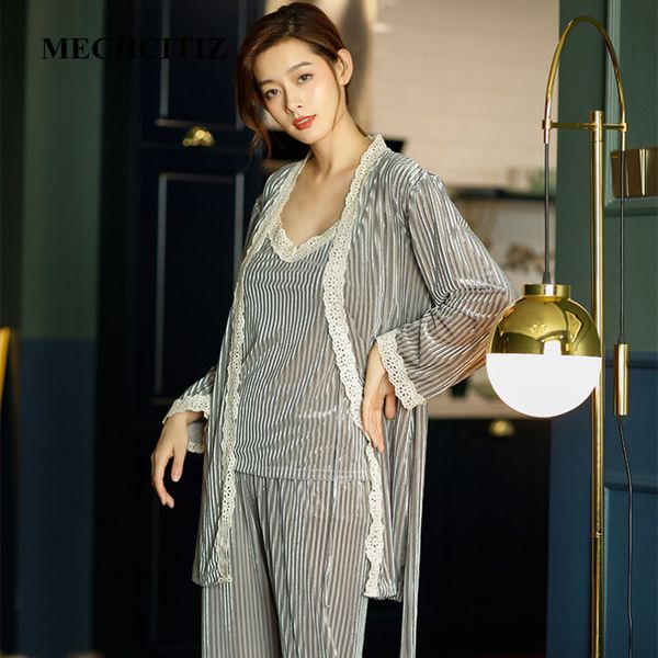 

mechcitiz women's pajamas sets winter sleepwear pijamas velvet coat and pants 3 pieces bathrobe homewear suit pyjamas set, Blue;gray
