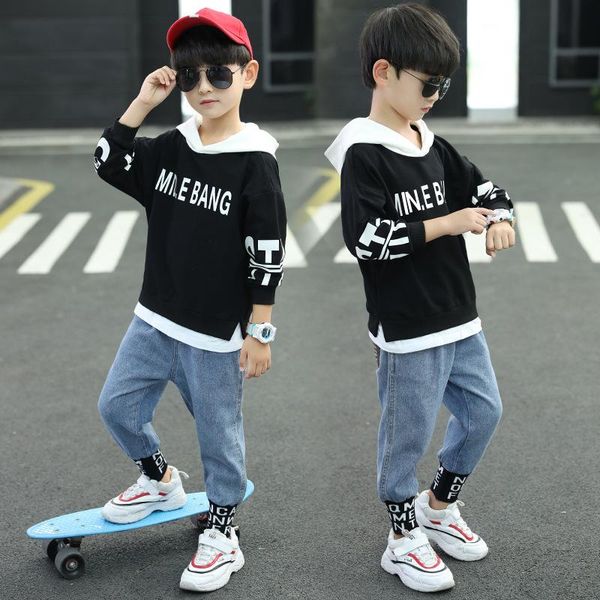 

children's clothing autumn and winter clothing new boy sweater jeans suit baby hooded shirt denim pants casual letter jacket two-piece, White