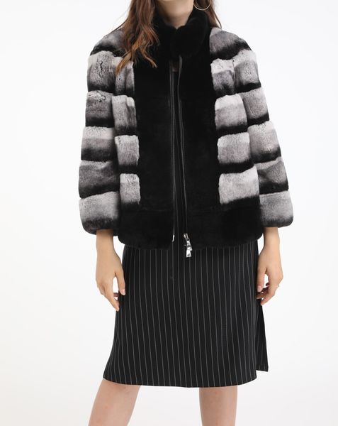 

women real rex rabbit fur chinchilla color coat outwear patchwork contrast color striped with black collar front