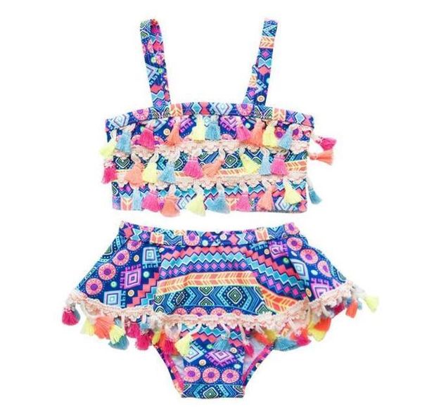 

baby girl swimwear bohemia tassel swimsuit 2pcs sets children bathing suit geometric girls bikinis swim clothes summer kids clothing by0822, Black