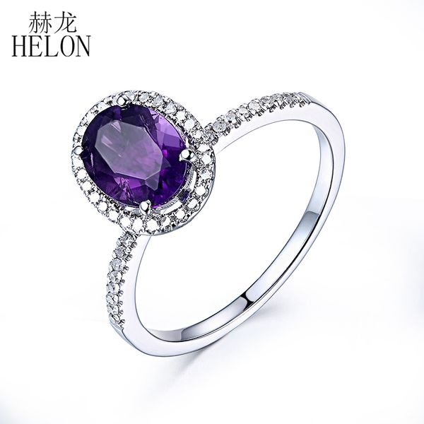

helon solid 14k white gold au585 8x6mm oval genuine natural amethyst engagement wedding ring natural diamonds anniversary ring, Golden;silver