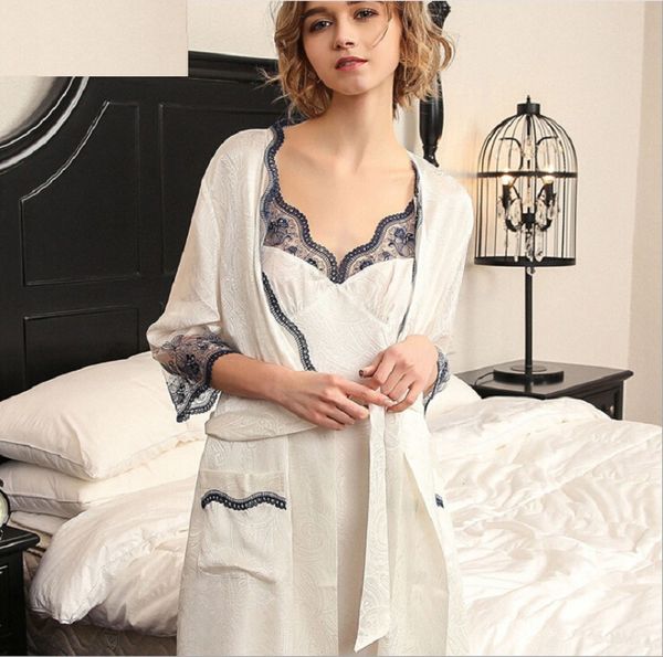 

silk sleep robe gown set white summer 2019 women bath robe sets 2 piece lace 100% silk stain sleepwear nightwear homewear, Black;red