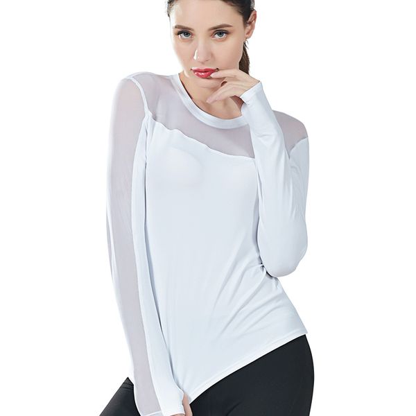 

women solid color long sleeves mesh quick dry stretchy t-shirt for gym yoga smn88, White;red