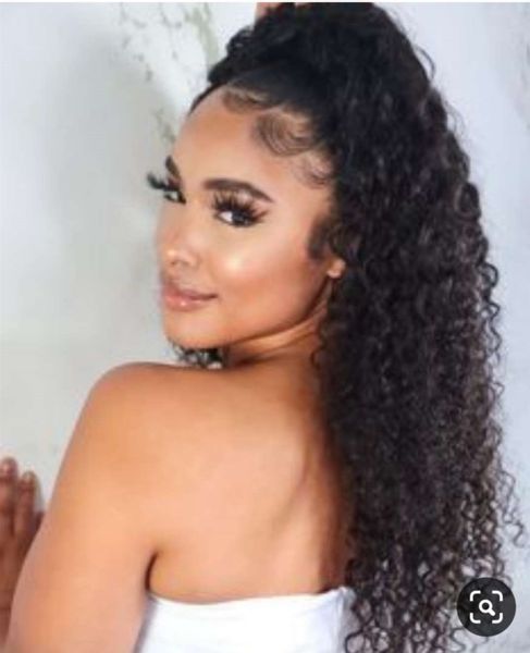 

curly ponytail clip in women hair extension deep wave curly clip in drawstring ponytail human hair extension 120g-160g natural color, Black