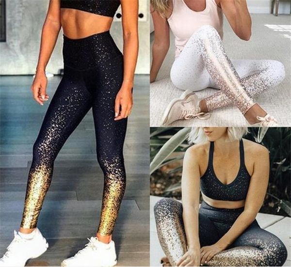 

100pcs women yoga gilding leggings fitness metallic casual sports tights high waist running sportswear slim pants m546, Black