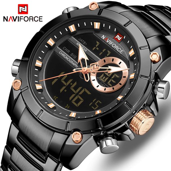 

naviforce quartz led digital watches menstainless steel sports men's watches digital waterproof man watch for male, Slivery;brown