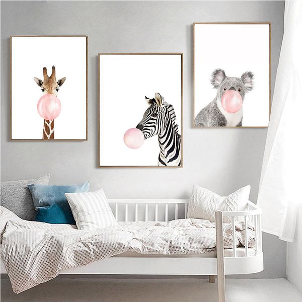 

3pcs canvas posters baby animals koala zebra giraffe pink gum bubble pictures for children room boy girl nursery wall art decor