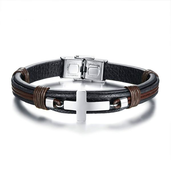 

vintage men's bracelet leather wrist black color stainless steel cross wristband punk style adjustable bangle male pulseira gift bl-418, Golden;silver