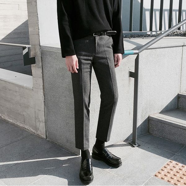 

2019autumn and winter new korean men's thick pants fashion casual solid color high waist micro-elastic small trousers gray m-2xl, White;black