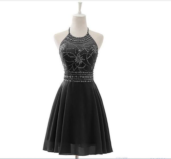 

coral backless a line short chiffon party dresses sleeveless beaded halter formal beach prom homecoming dress mini skirt sd394, Red