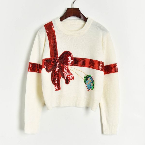 

women's sweater 2019 christmas festive fashion trend red sequin bow knit women's sweater  pullover sweaters long sleeve, White;black