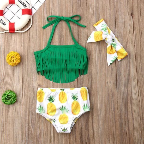 

2019 kid swimsuit baby girl swimwear summer infant bikini toddler tassel pineapple shorts+headband beachwear bathing suit