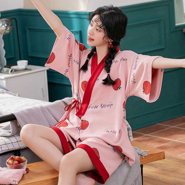 

2020 summer new ladies pajamas set comfort loose kinomo style sleepwear short sleeve cardigan+shorts 2pcs women sweet homewear, Black;red