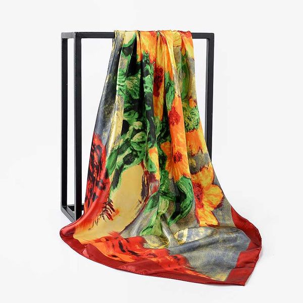 

90*90 silk scarves for women print foulard satin square head hijab scarfs for ladies new shawls bandana large scarf, Blue;gray