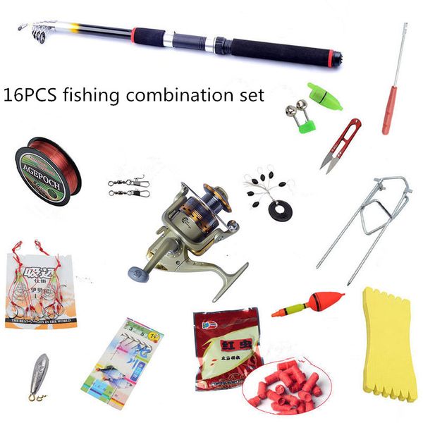 

combination of packages fishing suit package included. fishing rods. reel. line. bait. hook scissors. a total of 16 prod