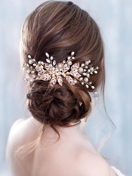 

trendy leaf pearl rose gold wedding hair combs tiara bridal headpiece women head decorative jewelry wedding hair accessories, Golden;white