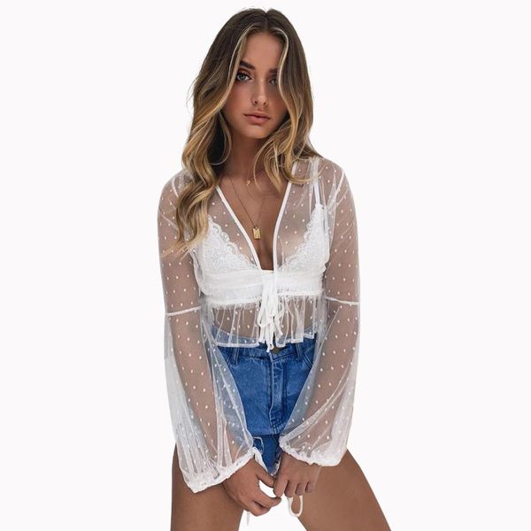 

see through women dots print beach dress bikini cover up beachwear swimwear transparent mesh mini shirt top, Blue;gray