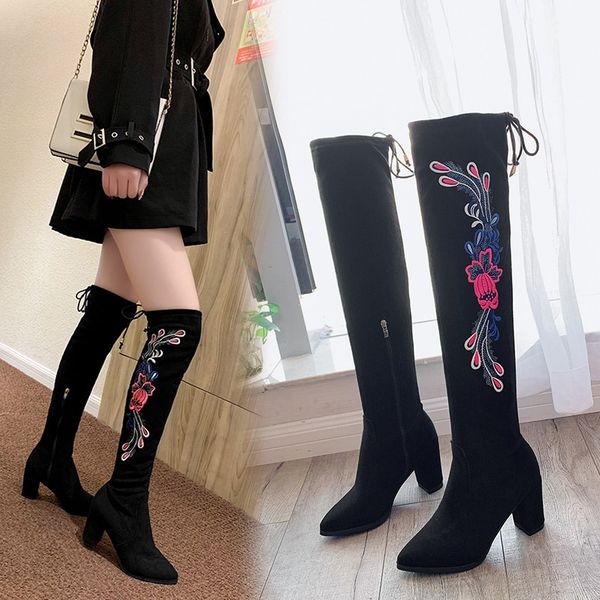 

nice new women over the boots high heels winter chinese style embroidery shoes woman mature female elegant party dress boot, Black