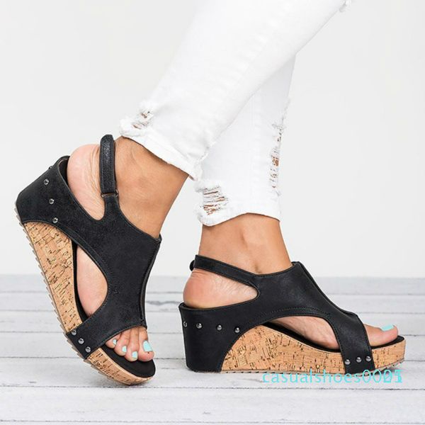 

women platform sandals 2019 summer wedges shoes for women leather heels sandalias mujer summer shoes soft comfortable sandals c25, Black