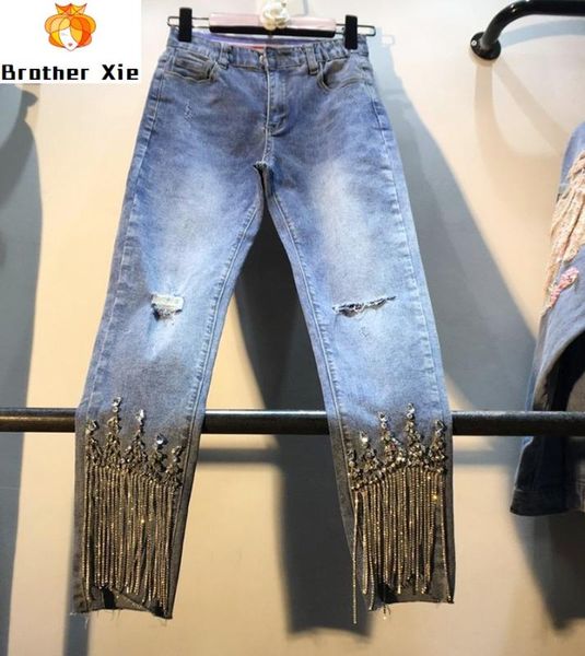 

holes denim pants lady 2020 spring summer clothing new heavy studded bead-fringed drilled high-waist slim nine-cent jeans girls, Blue