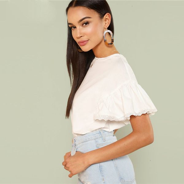 

women clothes womens tshirt white elegant round neck eyelet trim ruffle short sleeve solid t shirt summer women weekend tee top
