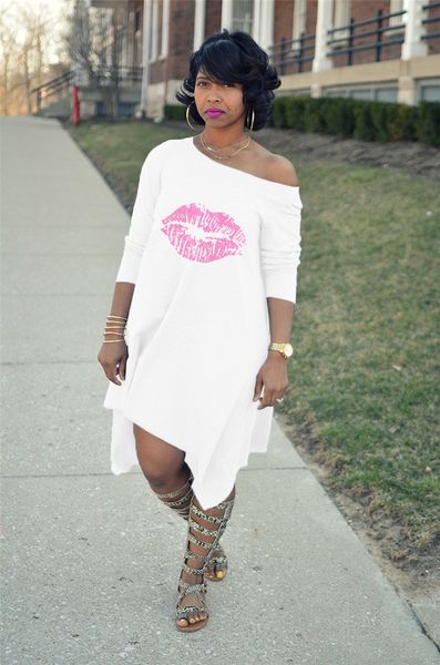 

Mouth Print Loose Dresses One Shoulder Half Sleeve Colorful Sexy Dress Causal Plus Size Female Clothing