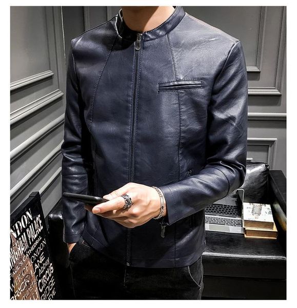 

осень и зима мужские повседневные топы корейский стиль slim fit стенд воротник пальто молодежный тренд искусственная кожа мужская куртка осе, Black