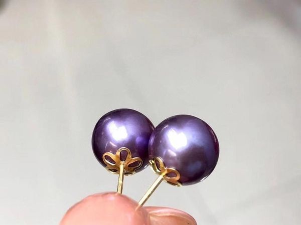 

d608 pearl earrings fine jewelry solid 18k gold round 9-10mm nature fresh water purple pearls stud earrings for women presents, Golden;silver