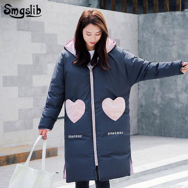 

2019 women's winter jacket both sides wear zipper hooded casual slim peach love shape long light clothes fashion jackets, Black
