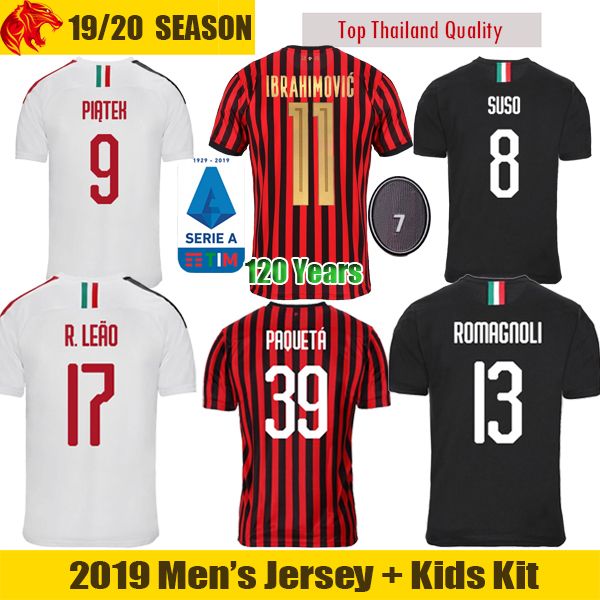 

19 20 ac milan soccer jersey ibrahimovic 120 years ac milan piatek suso football shirt r.leao mens kids kit romagnoli paqueta long jersey, Black;yellow