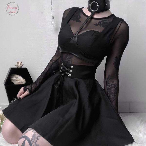 

vintage high waist gothic skirts women harajuku pleated punk grunge autumn 2019 bandage rivot female skirt fashion, Black