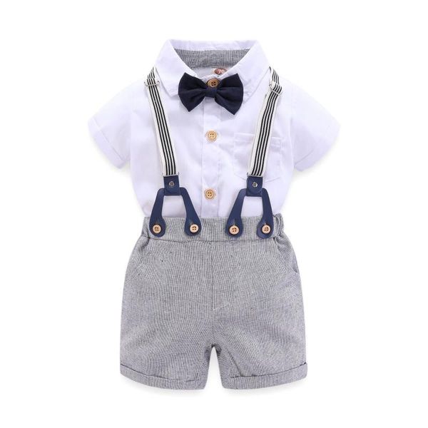 

2020 fashion korean boy gentleman set white shirt bow tie harness strap shorts