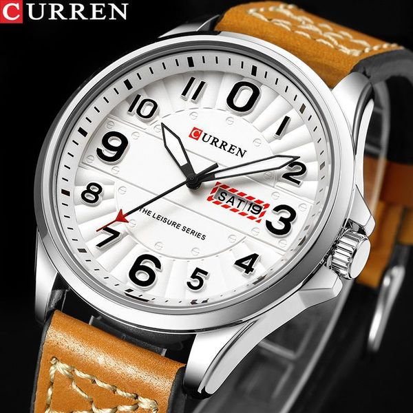 

новый curren спортивные кварцевые часы водонепроницаемый мужские часы top brand luxury натуральная кожа дата недели часы relogio мужчина для, Slivery;brown