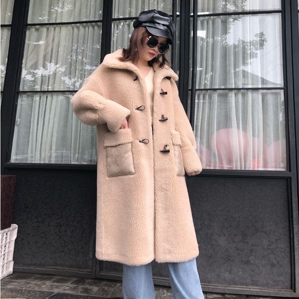 

the new collar wool sheep sheared long compound fur coat female fur coat long, Black
