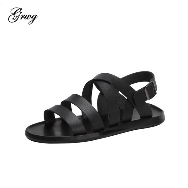 

grwg new mens sandals 100% genuine cowhide leather men summer shoes 2019 flat beach sandals male fashion black shoes