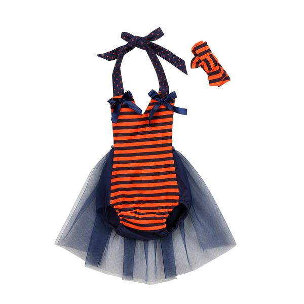 

2018 summer infant baby girls cotton stripe bodysuit headband tulle dress outfits set 2pcs short sleeve bowknot clothing, Pink;blue