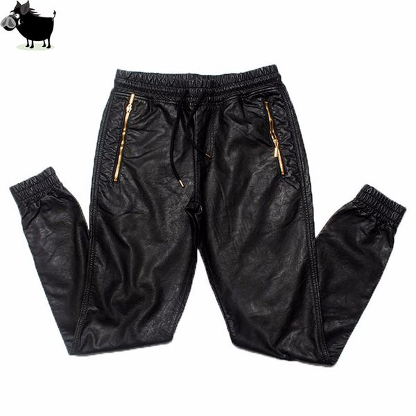 

man si tun new west hip hop big and tall fashion zippers jogers pant joggers dance urban clothing mens faux leather pants, Black