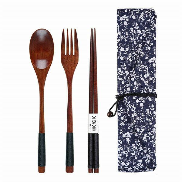

новый cutlery set японский стиль ложка вилка палочками мешок ткани натурального дерева