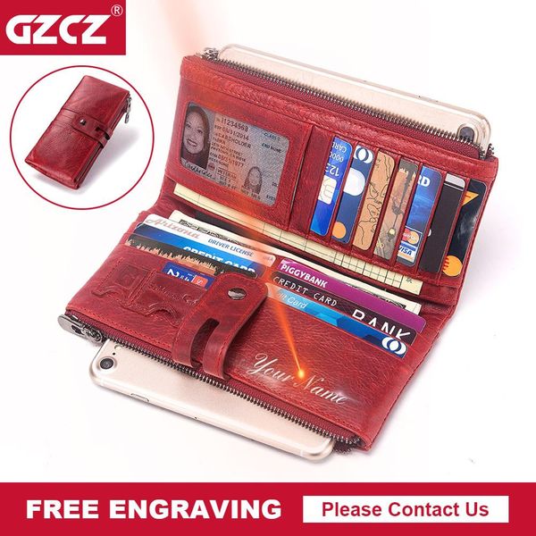 

gzcz new genuine leather women wallet long zipper lady handy purse cell phone pocket clamp for money money bag engraving, Red;black