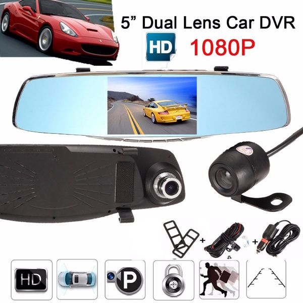 Freeshipping 1080 P HD 5 polegada de Vídeo DVR Night Vision Espelho Retrovisor 170 Graus Wide Lens Traço Cam Câmera Condução Gravador G-sensor