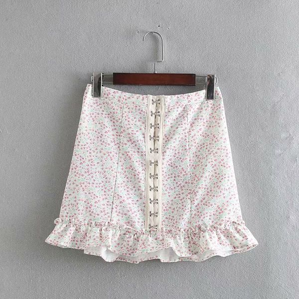

summer new women's fashion flower print elastic single-breasted skirt ruffle casual mini skirt l, Black