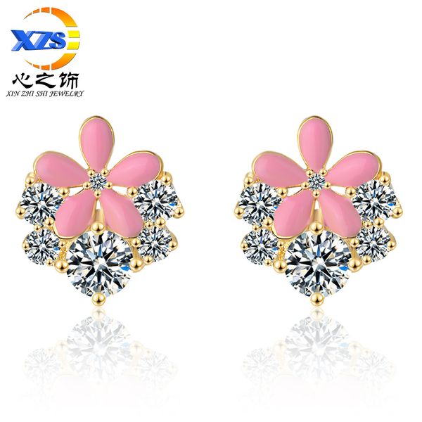 

pink small earrings womens sweet temperament korean-style design niche cold-style earrings personality flower earrings, Golden