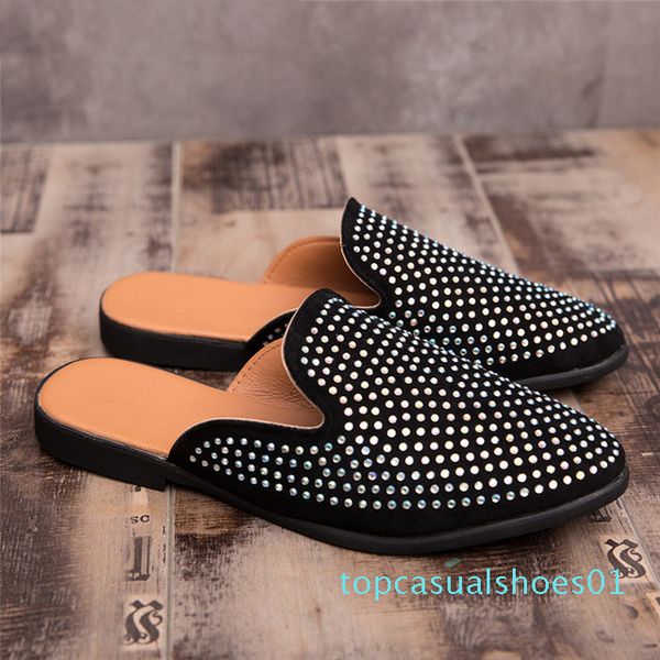 

mules suede shoes men black half shoes for men rhinestone mens casual shoes sepatu slip on pria heren schoenen sepatu t01
