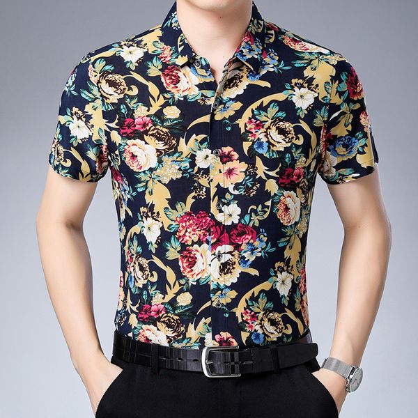 

c-6643 colorful flower pattern printing fashion short sleeve shirt summer new quality soft comfortable luxury icy men shirtm-3xl, White;black