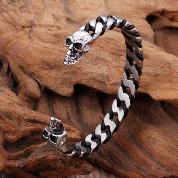 

fate love 32g weight stainless steel bracelet women mens cool skull skeleton end open cuff bangle jewelry, White
